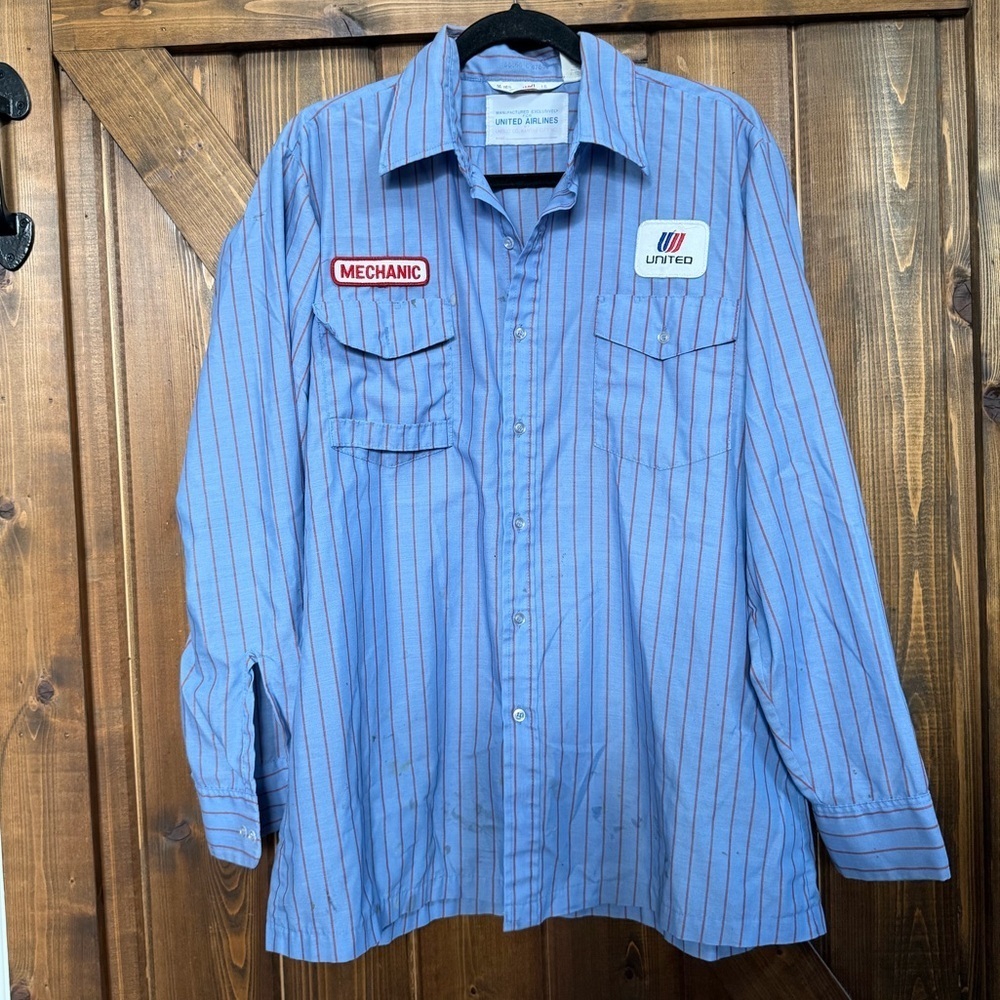Vintage United Mechanic Work Shirt Sz LG Long Sleeve Blue/Red Stripes Button Up
